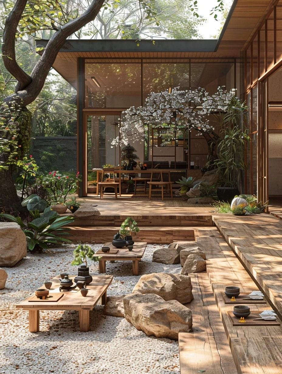A Japanese tea garden with low wooden tables on raked gravel