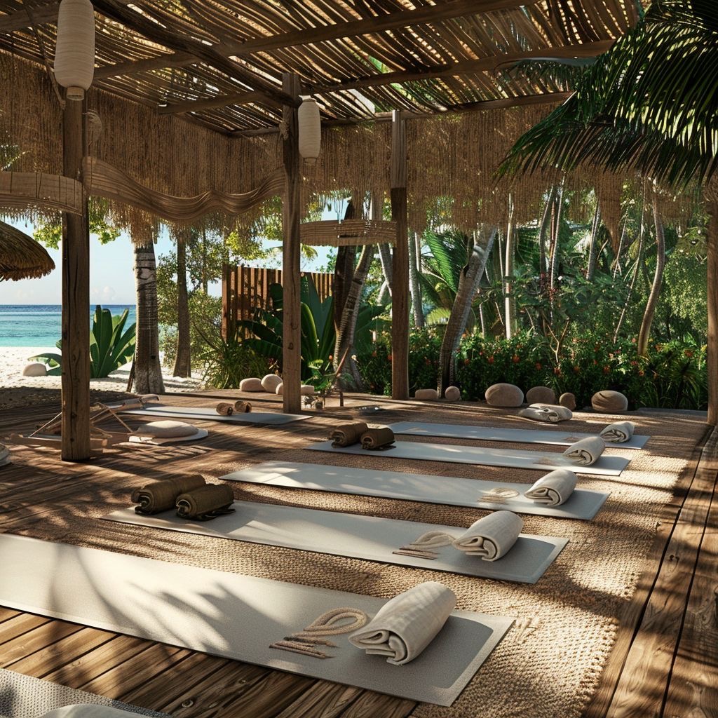 A beachfront yoga deck with rolled mats under a thatched pergola