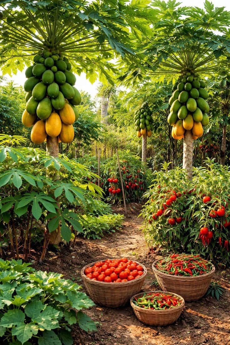 Vườn dưa lưới và cây ăn trái dưới ánh nắng