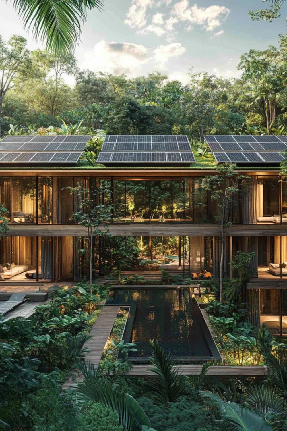 A solar-roofed eco-villa surrounded by jungle greenery and a reflecting pool